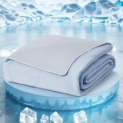 Cooling Comforter  Size,-Sided Cold Tech Fabric Blanket for Night Sweats Hot Sleepers,Lightweight Silk Smooth Soft Breathable,Summer Comforter,Blue -（108"x90"）