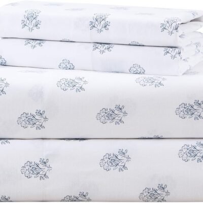 100% Cotton Sheet Set,  Size, Breathable and Cool, Soft Cotton Sheet Set, 14-inch Elastic Pocket Design, Fits mattresses up to 16 inches thick, Suitable for all seasons, Blue Floral Pattern 4-Piece Set