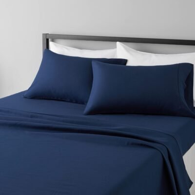 Lightweight, ultra-soft, easy-care, breathable microfiber four-piece sheet set, 14-inch deep pockets, standard  size, navy blue, solid color