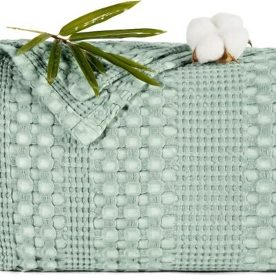 Stone-Washed Cooling Waffle Blanket -  Size, Lightweight Breathable Summer Blanket, 60% Rayon from Bamboo & 40% Cotton, Luxuriously Soft for Bed & Couch, 104"x90", Sage Green