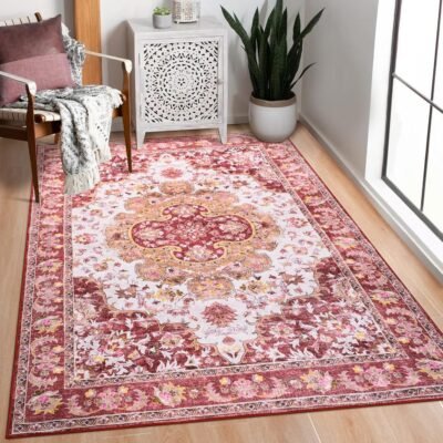 4x6 Area Rugs for Living Room, Foldable Machine Washable Rug, Soft Low Pile Non-Slip Vintage Floral Rug, Carpet for Bedroom, Dining Room, Bedside, Farmhouse, Office, Dorm (Red, 4'×6')