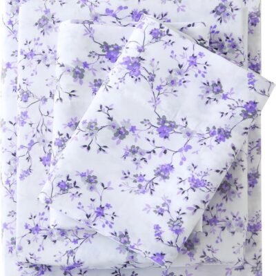 Floral Pattern  Size Sheet Set - 4-Piece Purple Lavender Floral Pattern Sheet Set - Soft and breathable microfiber sheet with deep pocket design, non-slip fitted sheet and pillowcases