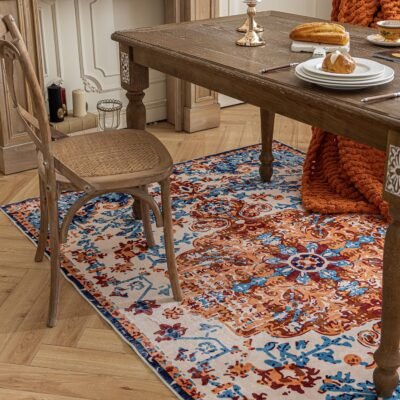 2'6"x8' Boho Runner Rug - Non Skid Washable Low Pile Hallway Carpet, Non-Shedding Persian Style Rug for Kitchen & Entryway, Fiery Red Multi Distressed Print, Foldable