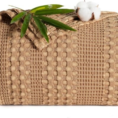 Stone-Washed Cooling Waffle Blanket  Size - Lightweight Breathable Summer Blanket, 60% Rayon Derived from Bamboo & 40% Cotton, Luxuriously Soft for Bed Couch, 104"x90", Camel
