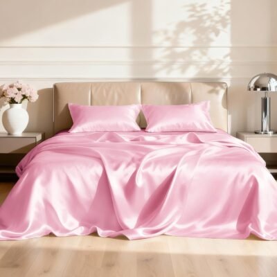 Satin  Size Sheet Set - Four-piece set in pink silky smooth sheets with deep pockets, luxurious silky satin texture,  size (1 sheet, 1 fitted sheet, 2 pillowcases).