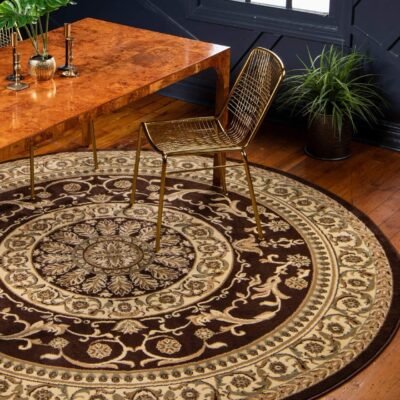 Traditional Classic Medallion Floral Motif Area Rug (6' 0 x 6' 0 Round, Brown/ Ivory)