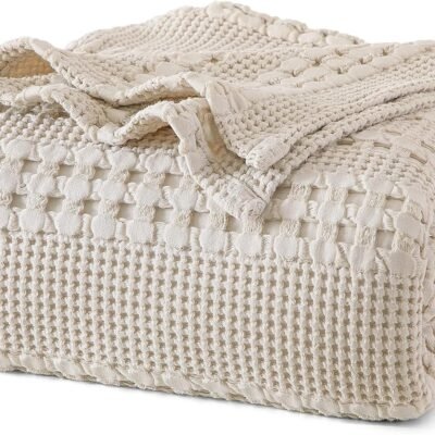 100% Cotton Waffle Weave Blanket  Size, Soft Lightweight Breathable Cozy Summer Blankets for Bed, Luxury Aesthetic Woven Bedding for Home Decor, 90"x90", Oatmeal