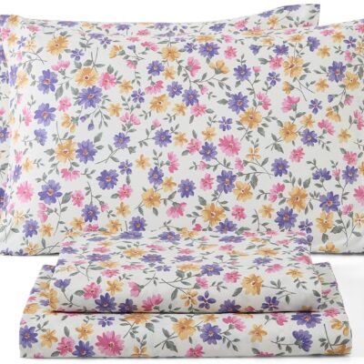 Purple and Yellow Floral Pattern Sheet Set - 4-Piece Sheet Set - Wrinkle-resistant and ultra-soft - Fits mattresses up to 15 inches thick ( Size)