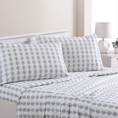 Printed four-piece ultra-soft sheet and pillowcase set, deep pocket design, accommodates mattresses up to 16 inches thick.