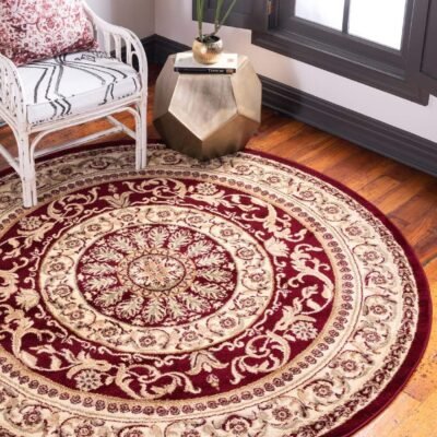 Traditional Classic Medallion Floral Motif Area Rug (6' 0 x 6' 0 Round, Burgundy/ Ivory)
