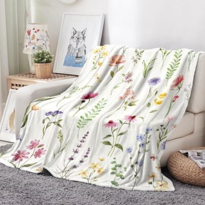 Wildflowers Throw Blanket Botanical Floral Printed Blanket Super Soft Flannel Throw Blanket Lightweight Fluffy Plush Fuzzy Bed Blanket for Bedding Sofa and Travel 50"X60"