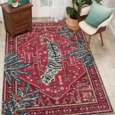 Tribal Rugs Summer Tropical 4x6 Area Rugs Wine Red Traditional Boho Vintage Oriental Rug Carpet for Bedroom Kitchen Dining Living Room Indoor Entryway Washable
