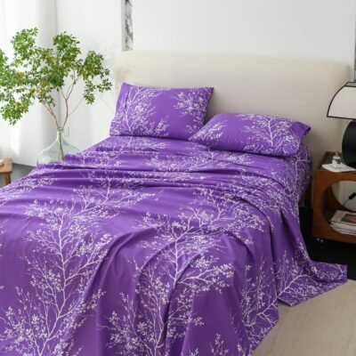 Home extra-large sheet set - pure microfiber four-piece polyester sheet, fitted sheet and pillowcases - extra-large sheets suitable for all seasons (leaf purple/white, extra-large)