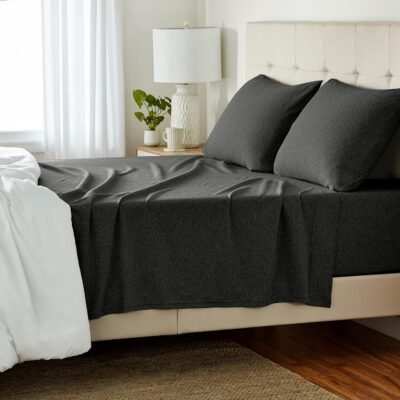 Four-piece sheet set, 100% cotton knit fabric, includes an ultra-soft sheet, fitted sheet, and pillowcases,  size, dark grey, solid color