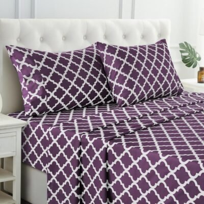 Four-leaf clover pattern -size sheet set - four-piece ultra-soft microfiber sheet set, includes sheet, 16-inch deep pocket fitted sheet and pillowcases, breathable, bedroom decor, Oeko-TEX certified - purple
