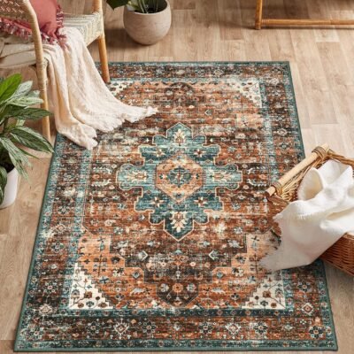 Ultra-Thin Washable Vintage Area Rug - 3x5 Boho Non-Slip Entryway Rug Oriental Medallion Living Room Rug Entrance Mat Carpet for Kitchen Laundry Bathroom Bedroom, Brick Red/Dull Teal