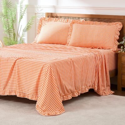Checkered  sheet set, lightweight and ultra-soft brushed microfiber checkered fall sheets, 16-inch deep pockets, four-piece ruffled farmhouse style bedroom decor, orange