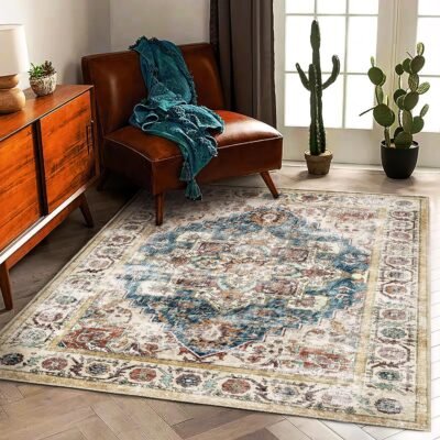 Washable Area Rug 5'x7' for Living Room Retro Beige Blue Boho Chic Medallion Distressed Design Indoor Non-Slip Large Persian Oriental  Throw Rug for Kitchen Bedroom Office Carpet