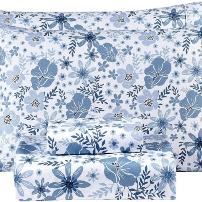 -size sheet set - Four-piece soft and breathable microfiber sheet set - blue and white floral pattern,  size - includes a deep-pocket, non-slip floral fitted sheet, suitable for all seasons.