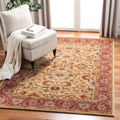 Rug - 3' x 5', Beige & Red, Traditional Oriental Design, Non-Shedding & Easy Care, Ideal for High Traffic Areas in Entryway, Living Room, Bedroom