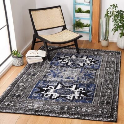 Rug - 4' x 6', Grey & Blue, Oriental Persian Design, Non-Shedding & Easy Care, Ideal for High Traffic Areas in Entryway, Living Room, Bedroom