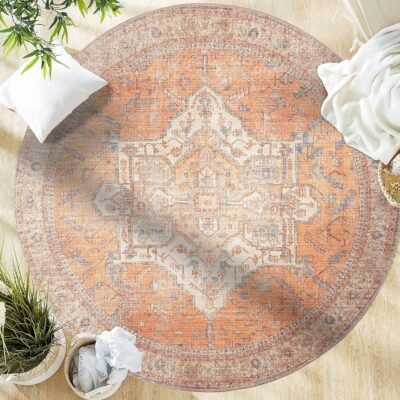 Traditional  - Machine Washable Area Rug, Traditional Washable, Non Slip, Low Pile Chenille Rug, Living Room, Bedroom, Kitchen Rug (5'3" Round Burnt Orange)